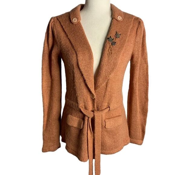 Vintage 80s Beaded Knit Cardigan Sweater M Mauve Pink Buttons Pockets Tie Waist - Picture 1 of 7